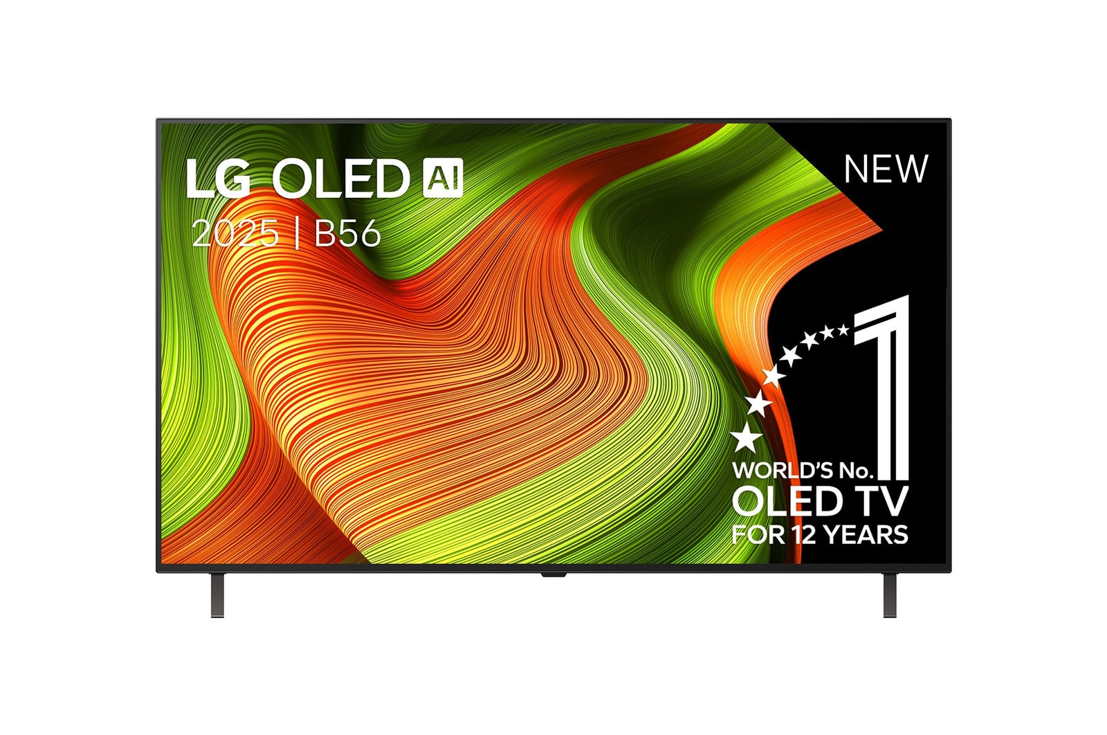 Vooraanzicht van LG OLED  AI C5 4K Smart TV. 12 jaar nummer 1 OLED-embleem ter wereld en het LG OLED  AI 2025-logo staan ​​op het scherm.