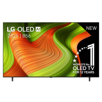 Vooraanzicht van LG OLED AI C5 4K Smart TV. 12 jaar nummer 1 OLED-embleem ter wereld en het LG OLED AI 2025-logo staan op het scherm.