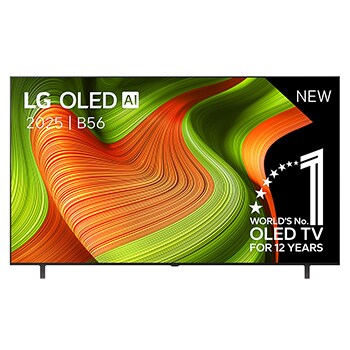 Vooraanzicht van LG OLED AI C5 4K Smart TV. 12 jaar nummer 1 OLED-embleem ter wereld en het LG OLED AI 2025-logo staan op het scherm.