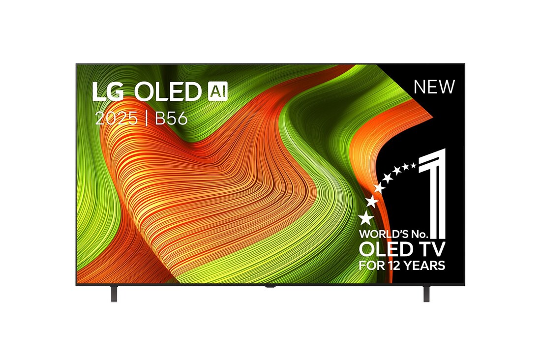 Vooraanzicht van LG OLED  AI C5 4K Smart TV. 12 jaar nummer 1 OLED-embleem ter wereld en het LG OLED  AI 2025-logo staan ​​op het scherm.
