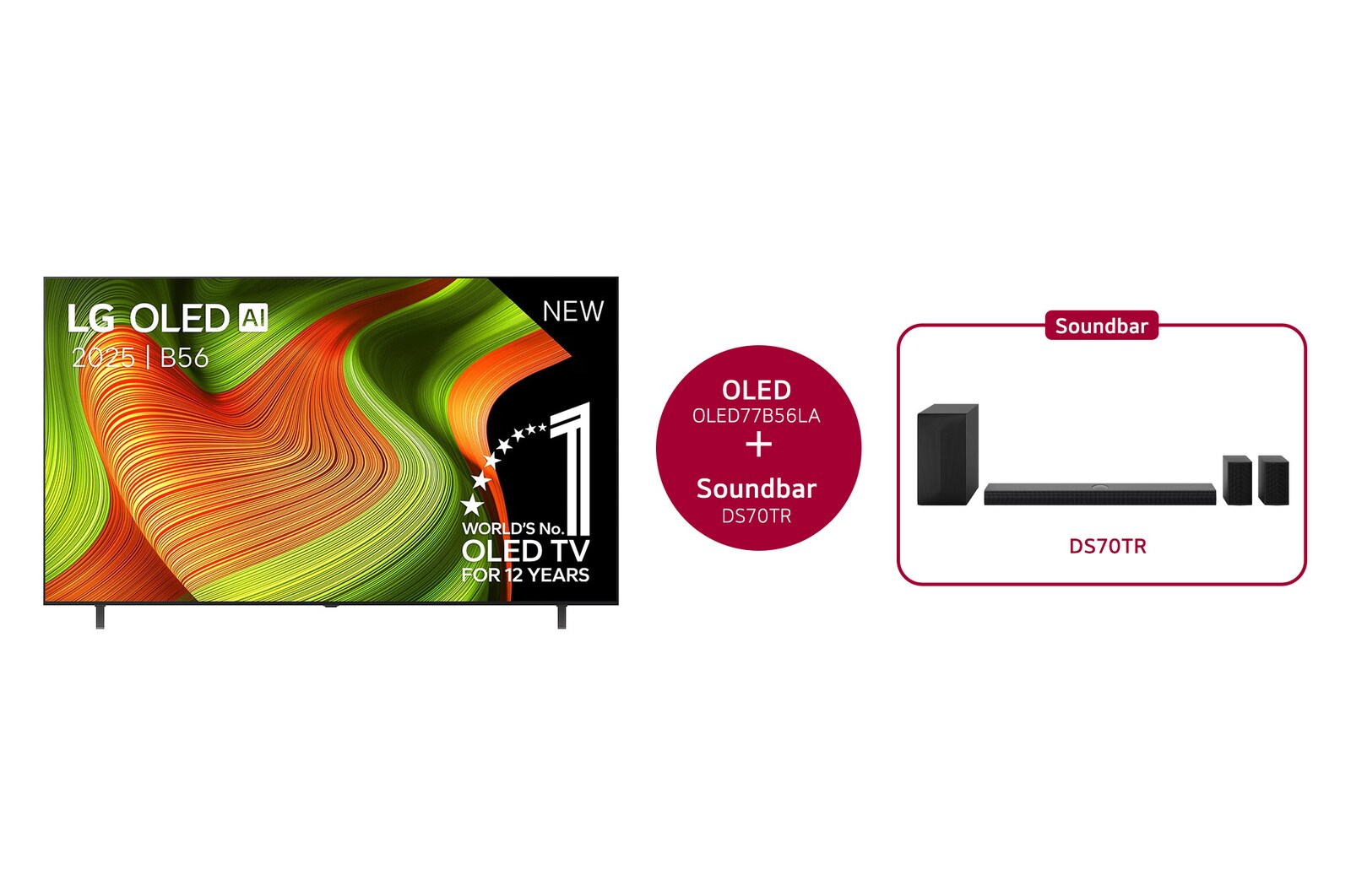 Vooraanzicht van LG OLED  AI C5 4K Smart TV. 12 jaar nummer 1 OLED-embleem ter wereld en het LG OLED  AI 2025-logo staan ​​op het scherm.