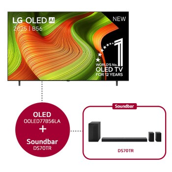 Vooraanzicht van LG OLED AI C5 4K Smart TV. 12 jaar nummer 1 OLED-embleem ter wereld en het LG OLED AI 2025-logo staan op het scherm.