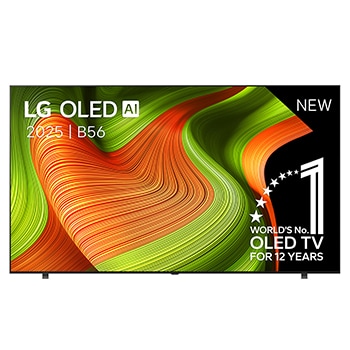 Vooraanzicht van LG OLED AI C5 4K Smart TV. 12 jaar nummer 1 OLED-embleem ter wereld en het LG OLED AI 2025-logo staan op het scherm.
