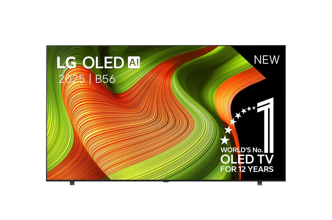 Vooraanzicht van LG OLED  AI C5 4K Smart TV. 12 jaar nummer 1 OLED-embleem ter wereld en het LG OLED  AI 2025-logo staan ​​op het scherm.