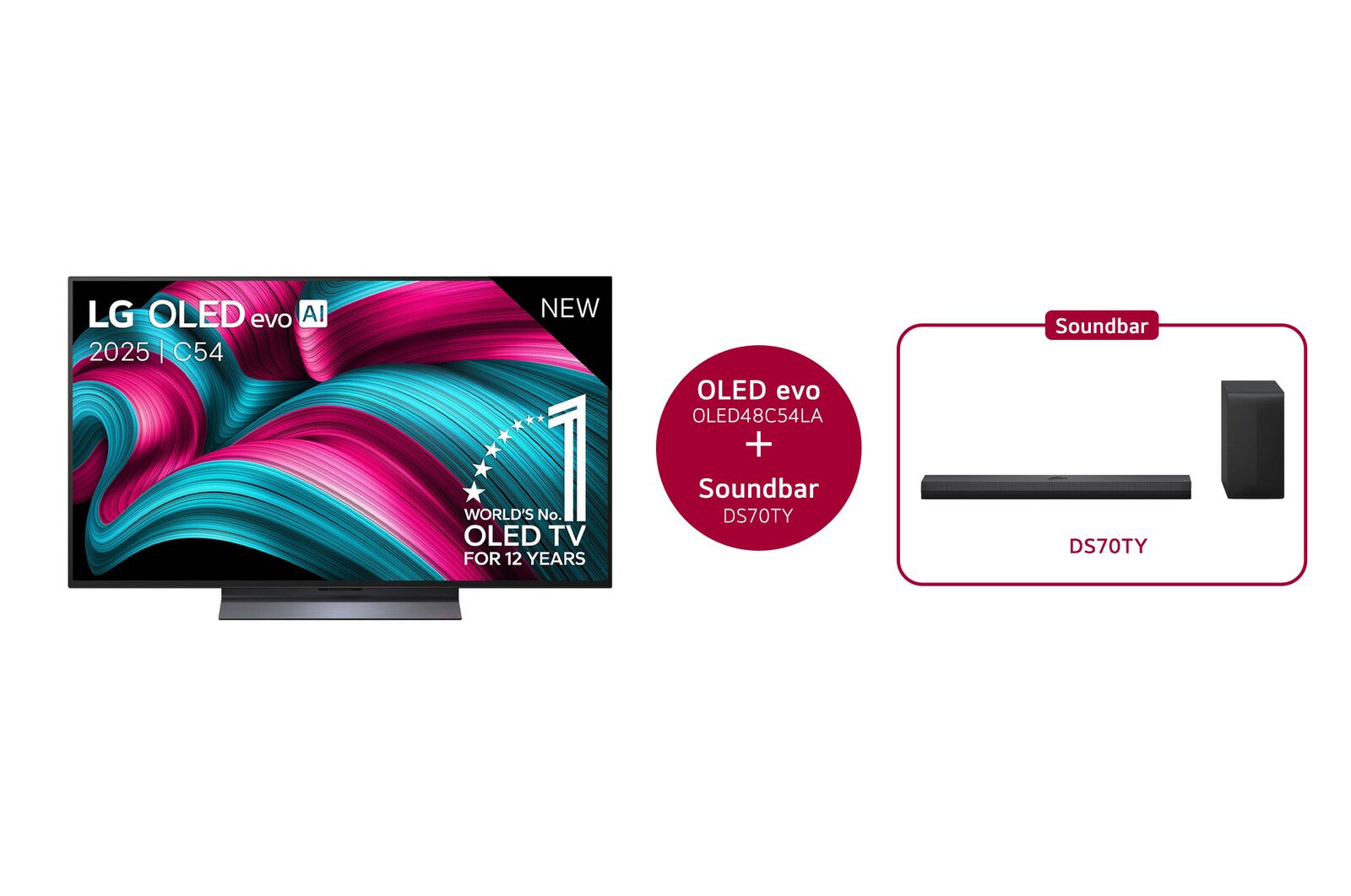 Vooraanzicht van LG OLED evo AI C5 4K Smart TV. 12 jaar nummer 1 OLED-embleem ter wereld en het LG OLED evo AI 2025-logo staan ​​op het scherm.