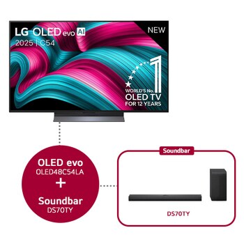 Vooraanzicht van LG OLED evo AI C5 4K Smart TV. 12 jaar nummer 1 OLED-embleem ter wereld en het LG OLED evo AI 2025-logo staan ​​op het scherm.
