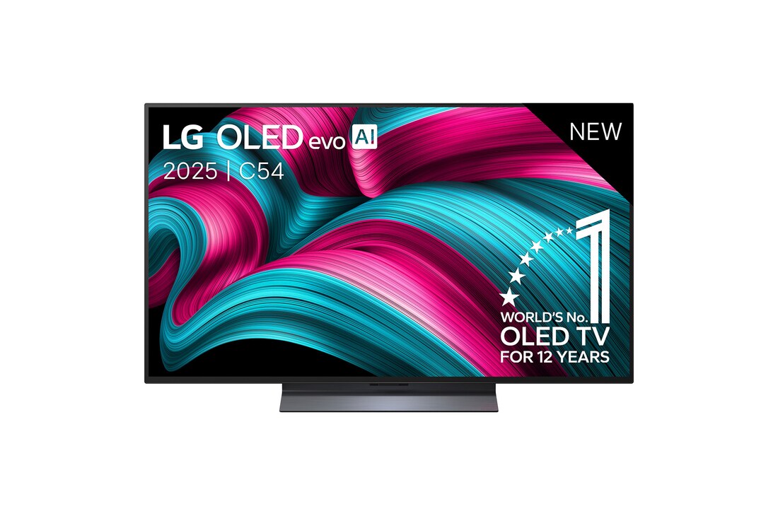 Vooraanzicht van LG OLED evo AI C5 4K Smart TV. 12 jaar nummer 1 OLED-embleem ter wereld en het LG OLED evo AI 2025-logo staan ​​op het scherm.
