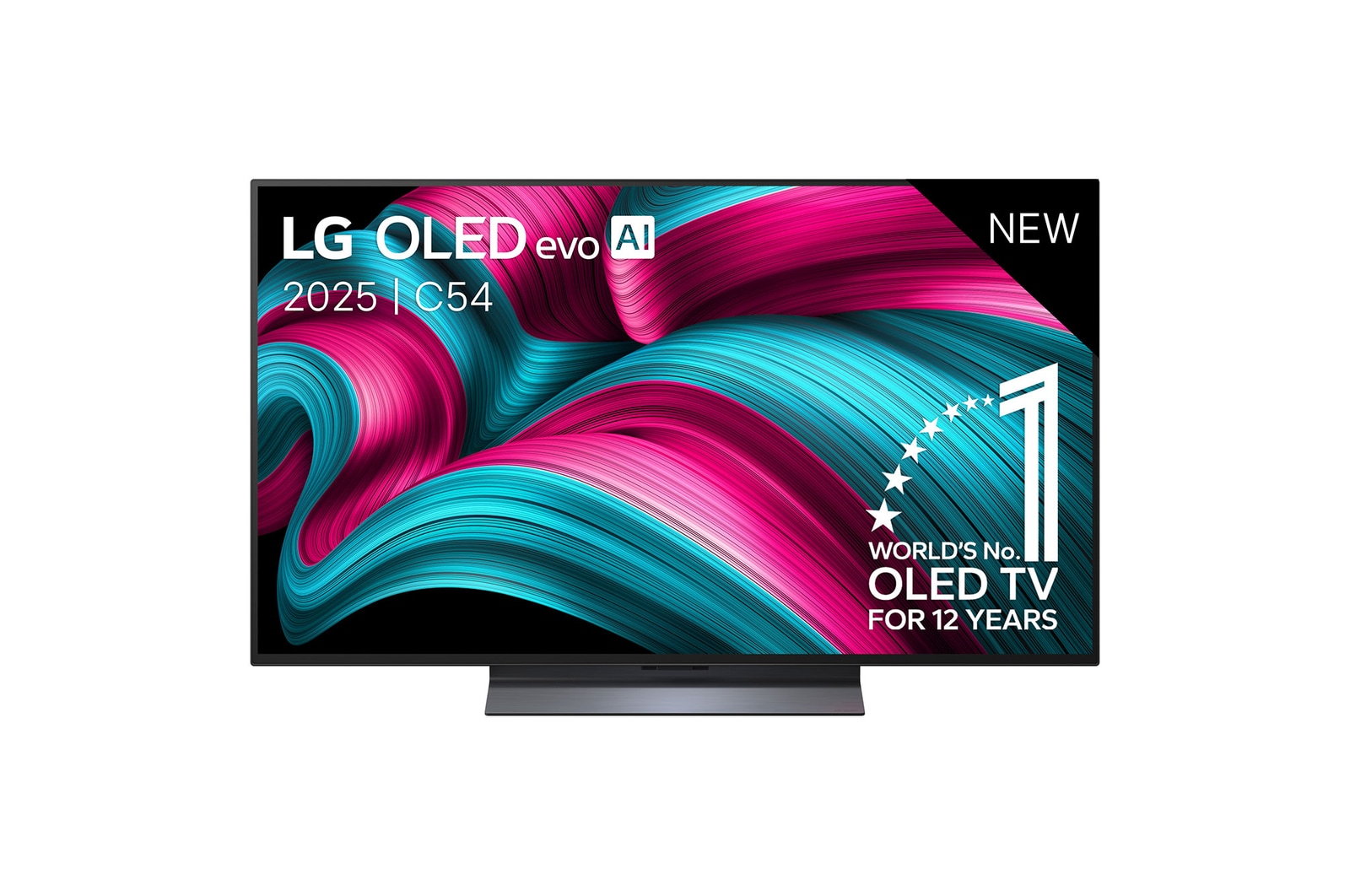 Vooraanzicht van LG OLED evo AI C5 4K Smart TV. 12 jaar nummer 1 OLED-embleem ter wereld en het LG OLED evo AI 2025-logo staan ​​op het scherm.