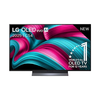 Vooraanzicht van LG OLED evo AI C5 4K Smart TV. 12 jaar nummer 1 OLED-embleem ter wereld en het LG OLED evo AI 2025-logo staan ​​op het scherm.