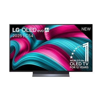 Vooraanzicht van LG OLED evo AI C5 4K Smart TV. 12 jaar nummer 1 OLED-embleem ter wereld en het LG OLED evo AI 2025-logo staan ​​op het scherm.