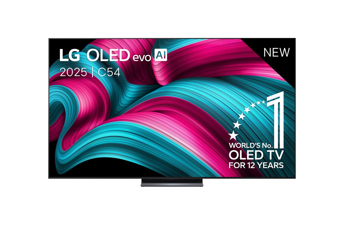 Vooraanzicht van LG OLED evo AI C5 4K Smart TV. 12 jaar nummer 1 OLED-embleem ter wereld en het LG OLED evo AI 2025-logo staan ​​op het scherm.