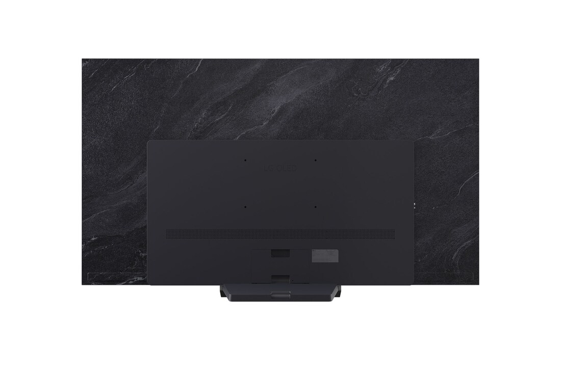 Vooraanzicht en zijaanzicht van LG OLED evo AI C5 4K Smart TV met de lengte-, breedte-, hoogte- en diepteafmetingen.