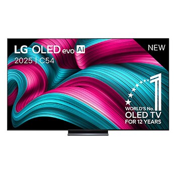 Vooraanzicht van LG OLED evo AI C5 4K Smart TV. 12 jaar nummer 1 OLED-embleem ter wereld en het LG OLED evo AI 2025-logo staan ​​op het scherm.