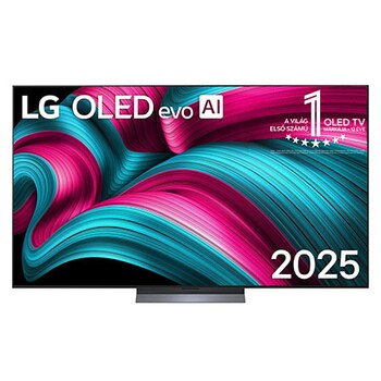 Vooraanzicht van LG OLED evo AI C5 4K Smart TV. 12 jaar nummer 1 OLED-embleem ter wereld en het LG OLED evo AI 2025-logo staan ​​op het scherm.