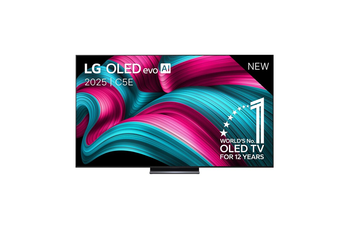 Vooraanzicht van LG OLED evo AI C5 4K Smart TV. 12 jaar nummer 1 OLED-embleem ter wereld en het LG OLED evo AI 2025-logo staan ​​op het scherm.