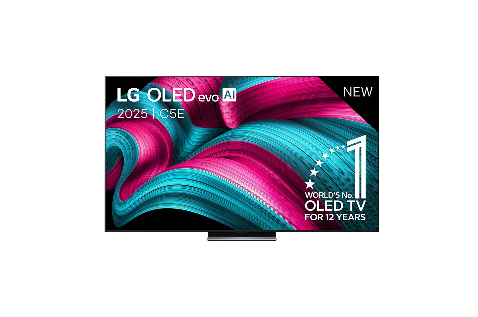 Vooraanzicht van LG OLED evo AI C5 4K Smart TV. 12 jaar nummer 1 OLED-embleem ter wereld en het LG OLED evo AI 2025-logo staan ​​op het scherm.
