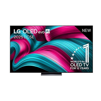 Vooraanzicht van LG OLED evo AI C5 4K Smart TV. 12 jaar nummer 1 OLED-embleem ter wereld en het LG OLED evo AI 2025-logo staan ​​op het scherm.