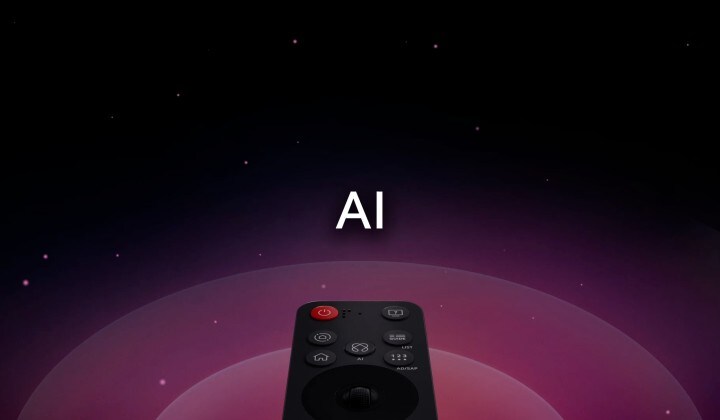 LG AI Magic Remote met de AI-knop gemarkeerd. Er is een grafische UI-weergave met pictogrammen van hoe de AI-knop gebruikers toegang geeft tot verschillende AI-functies. De services omvatten AI Voice ID, AI Search, AI Chatbot, AI Concierge, AI Picture Wizard en AI Sound Wizard. De functionaliteit wordt vervolgens getoond terwijl de cursor over een interface verschijnt en laat zien hoe de afstandsbediening kan worden gebruikt als een airmouse om aan te wijzen en te klikken.