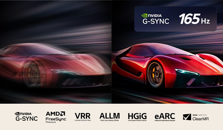 Twee afbeeldingen van een auto in een videogame naast elkaar. Eén vertoont veel bewegingsonscherpte. De andere is scherp en laat de hoge beeldsnelheid van LG OLED TV zien. Nvidia G-Sync-logo en 165Hz-logo en andere relevante certificeringen zijn zichtbaar. 