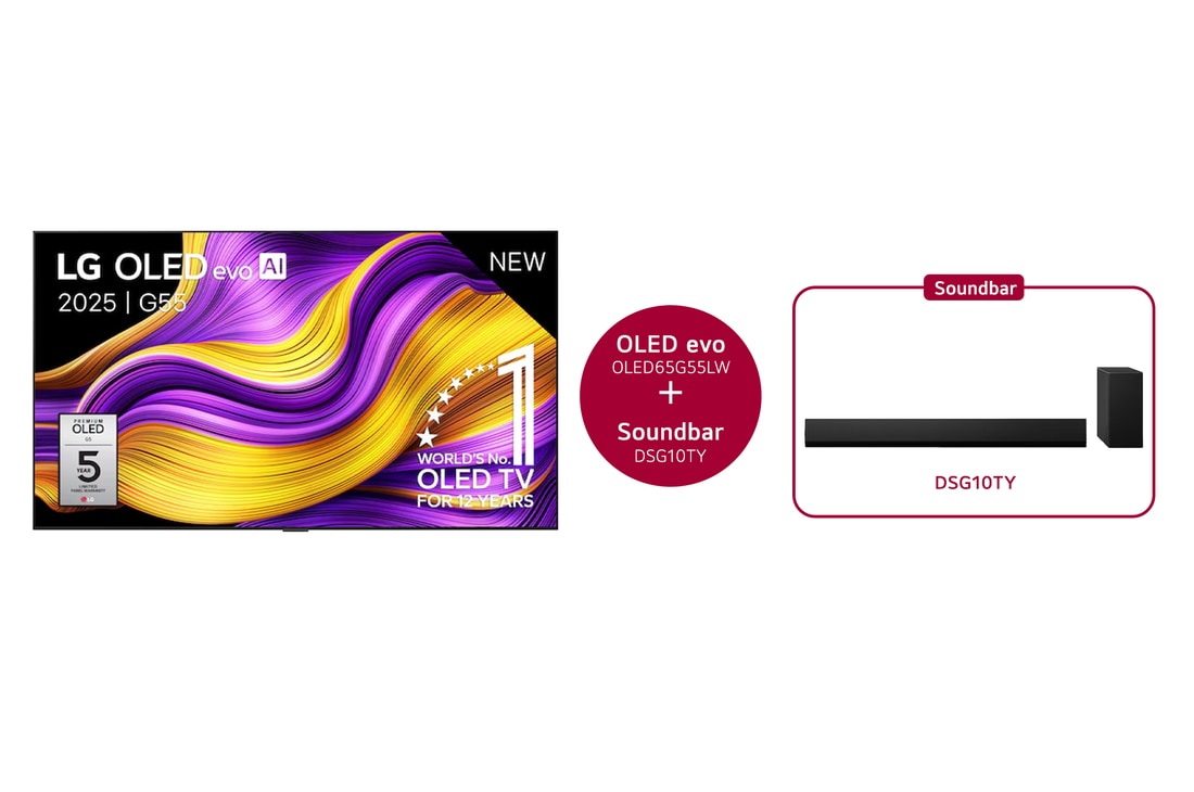LG 65 inch LG OLED evo AI G5 4K Smart TV & DSG10TY 3.1 kanaal, OLED65G55LW.DSG10TY