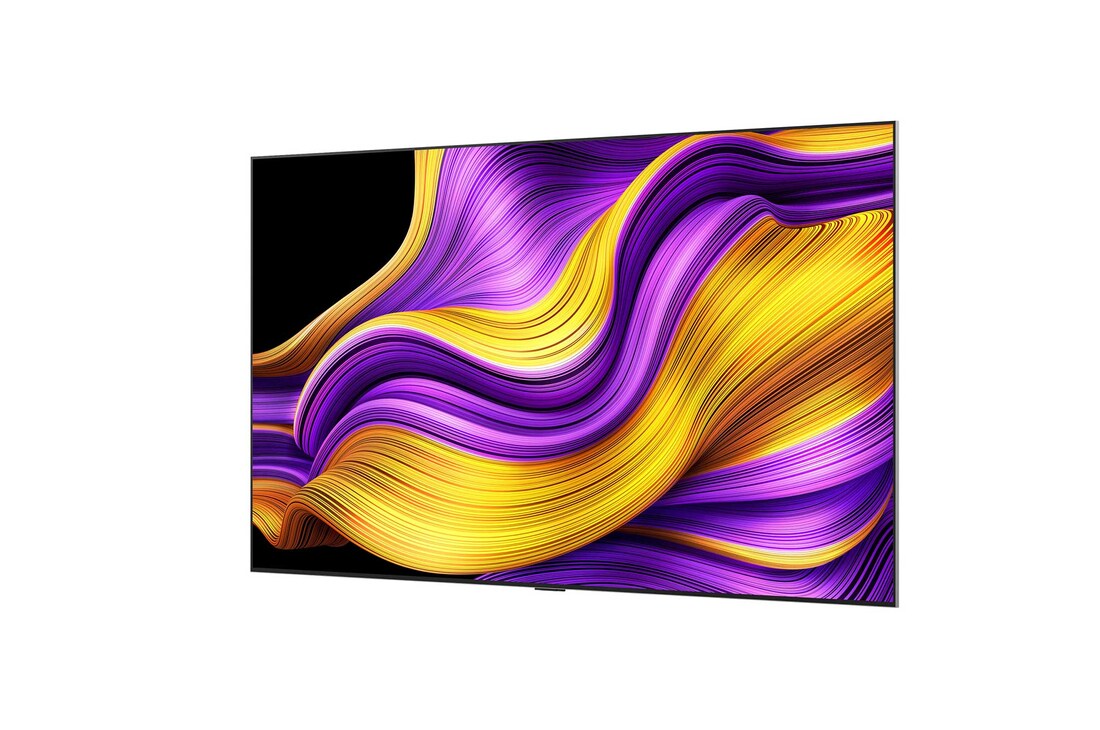 Vooraanzicht en zijaanzicht van LG OLED evo AI G5 4K Smart TV met de lengte-, breedte-, hoogte- en diepteafmetingen.