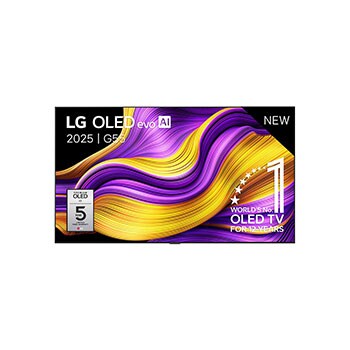 Vooraanzicht van LG OLED evo AI G5 4K Smart TV. 12 jaar nummer 1 OLED-embleem ter wereld en het LG OLED evo AI 2025-logo staan ​​op het scherm.