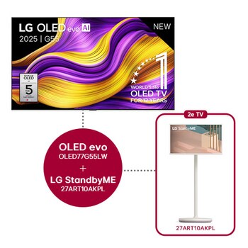 Vooraanzicht van LG OLED evo AI G5 4K Smart TV. 12 jaar nummer 1 OLED-embleem ter wereld en het LG OLED evo AI 2025-logo staan ​​op het scherm.