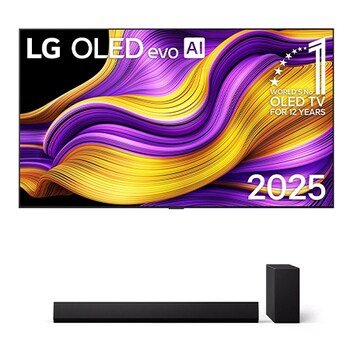 Vooraanzicht van LG OLED evo AI G5 4K Smart TV. 12 jaar nummer 1 OLED-embleem ter wereld en het LG OLED evo AI 2025-logo staan ​​op het scherm.