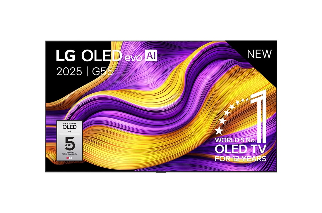 Vooraanzicht van LG OLED evo AI G5 4K Smart TV. 12 jaar nummer 1 OLED-embleem ter wereld en het LG OLED evo AI 2025-logo staan ​​op het scherm.