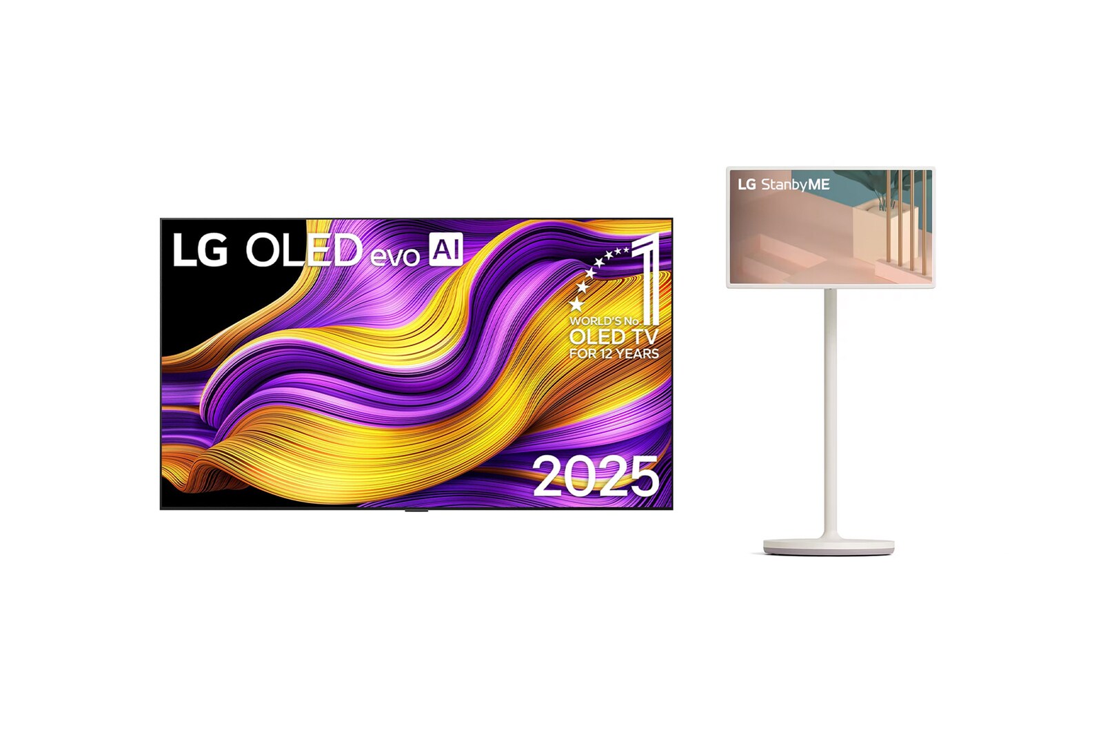 Vooraanzicht van LG OLED evo AI G5 4K Smart TV. 12 jaar nummer 1 OLED-embleem ter wereld en het LG OLED evo AI 2025-logo staan ​​op het scherm.