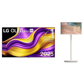 Vooraanzicht van LG OLED evo AI G5 4K Smart TV. 12 jaar nummer 1 OLED-embleem ter wereld en het LG OLED evo AI 2025-logo staan ​​op het scherm.
