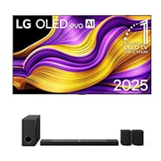 Vooraanzicht van LG OLED evo AI G5 4K Smart TV. 12 jaar nummer 1 OLED-embleem ter wereld en het LG OLED evo AI 2025-logo staan ​​op het scherm.