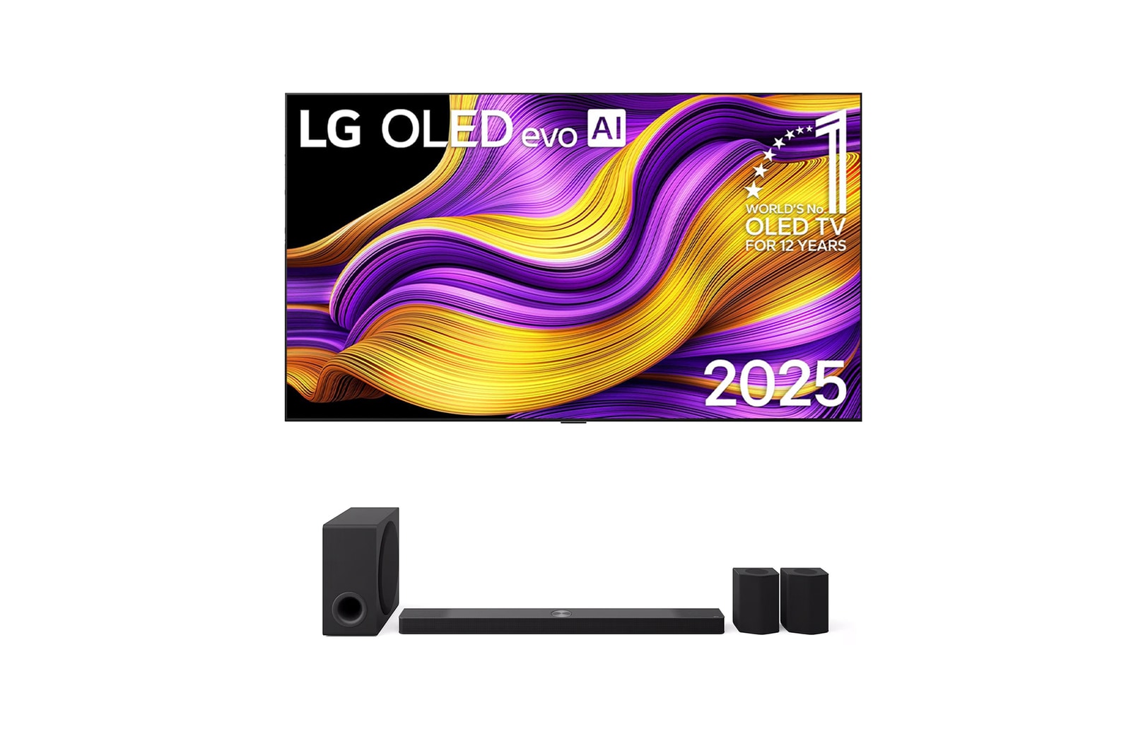 Vooraanzicht van LG OLED evo AI G5 4K Smart TV. 12 jaar nummer 1 OLED-embleem ter wereld en het LG OLED evo AI 2025-logo staan ​​op het scherm.