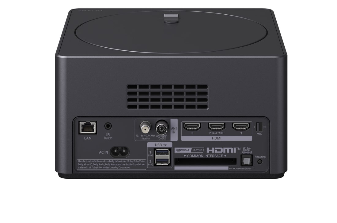 LG AI Magic Remote met de AI-knop gemarkeerd. Daaromheen staan de verschillende functionaliteiten die een gebruiker met de knop kan openen. AI Voice ID, AI Search, AI Chatbot, AI Concierge, AI Picture Wizard, AI Sound Wizard. De tekst legt uit dat de LG AI Magic Remote je AI Experience compleet maakt met een speciale AI-knop en kan worden gebruikt als muis. Gewoon aanwijzen en klikken.