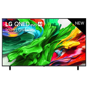Vooraanzicht van LG QNED evo QNED85 TV, LG QNED evo Al Logo in de bovenhoek. De LG QNED evo QNED85 TV brengt kleurrijke schilderachtige texturen samen.