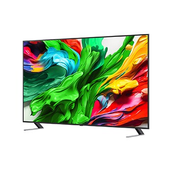 Vooraanzicht en zijaanzicht van LG QNED evo AI QNED85 4K Smart TV die de lengte-, breedte-, hoogte- en diepteafmetingen weergeven.