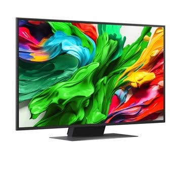 Naar rechts gericht zijaanzicht in een lichte hoek van de LG QNED evo TV