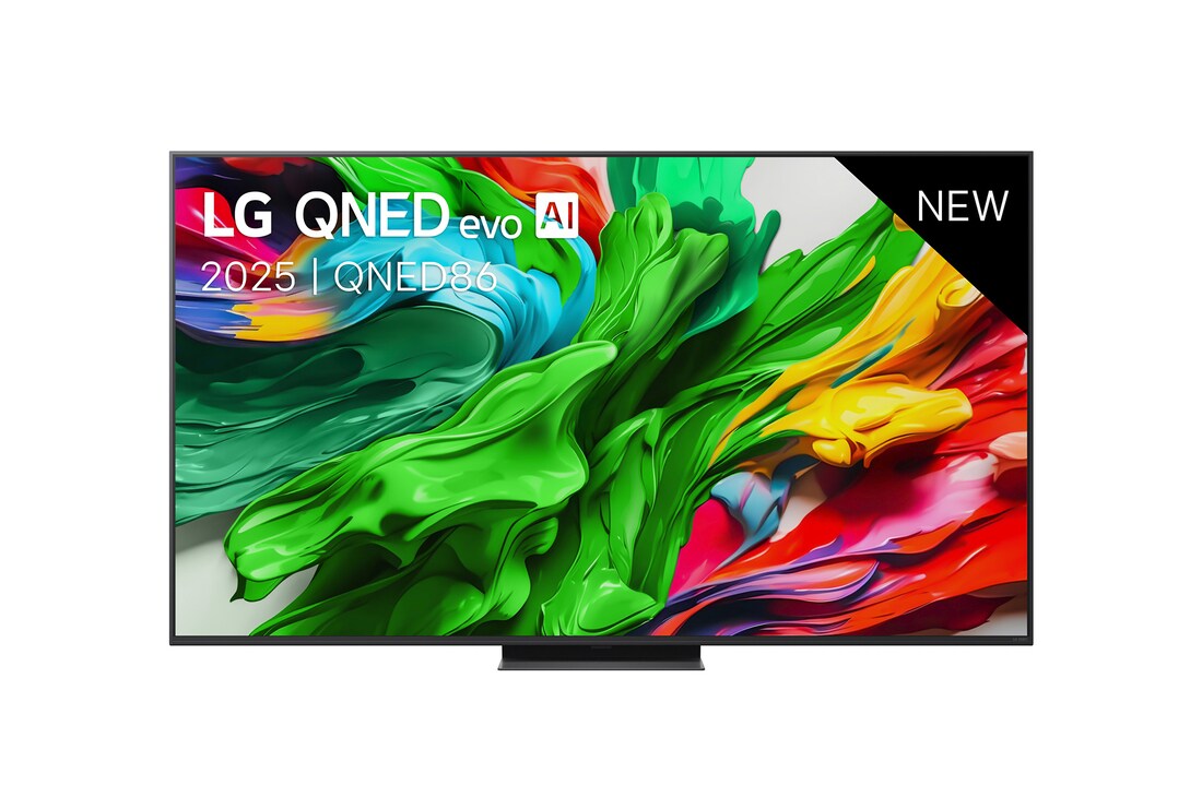 Vooraanzicht van LG QNED evo TV, LG QNED evo AI-logo in de bovenhoek. LG QNED evo TV brengt kleurrijke, schilderachtige texturen bij elkaar.