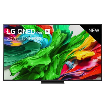 Front view of LG QNED evo TV, LG QNED evo Al Logo on the top corner. LG QNED evo TV depicts colorful paintike textures coming together.