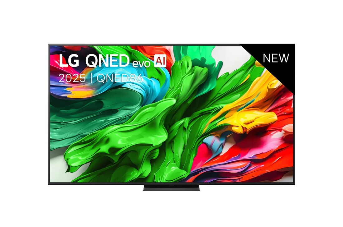 Vooraanzicht van LG QNED evo TV, LG QNED evo AI-logo in de bovenhoek. LG QNED evo TV brengt kleurrijke, schilderachtige texturen bij elkaar.
