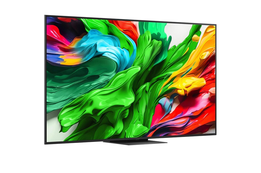 Naar rechts gericht zijaanzicht in een lichte hoek van de LG QNED evo TV