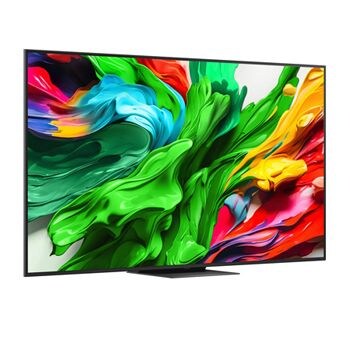 Naar rechts gericht zijaanzicht in een lichte hoek van de LG QNED evo TV