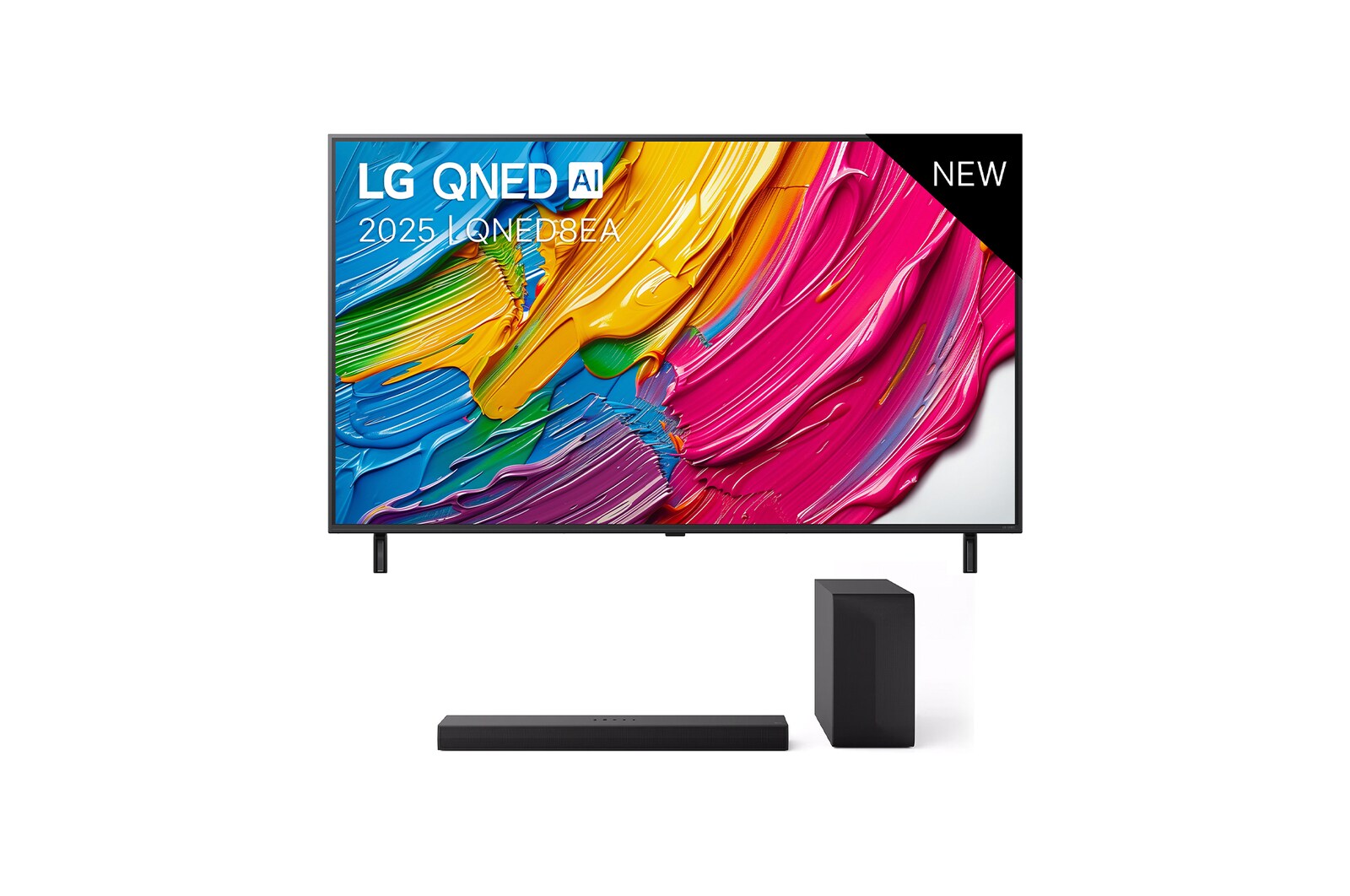 Vooraanzicht van 55 inch LG QNED8E AI 4K Smart TV 2025 &amp; DS60T 3.1-kanaal 55QNED8EA6B.DS60T