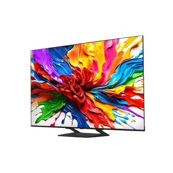 Vooraanzicht en zijaanzicht van LG QNED evo AI QNED92 4K Smart TV die de lengte-, breedte-, hoogte- en diepteafmetingen weergeven.