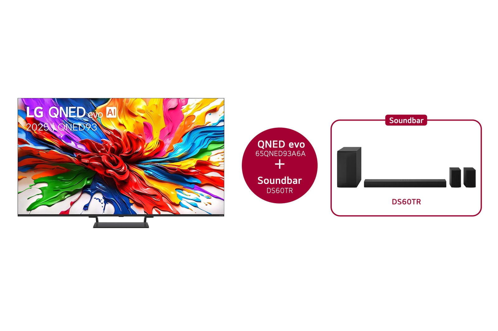 Vooraanzicht van LG QNED evo QNED92 TV, LG QNED evo Al Logo in de bovenhoek. LG QNED evo TV brengt kleurrijke, schilderachtige texturen bij elkaar.