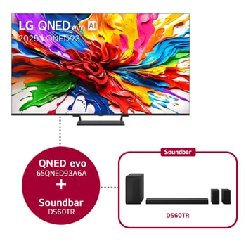Vooraanzicht van LG QNED evo QNED92 TV, LG QNED evo Al Logo in de bovenhoek. LG QNED evo TV brengt kleurrijke, schilderachtige texturen bij elkaar.