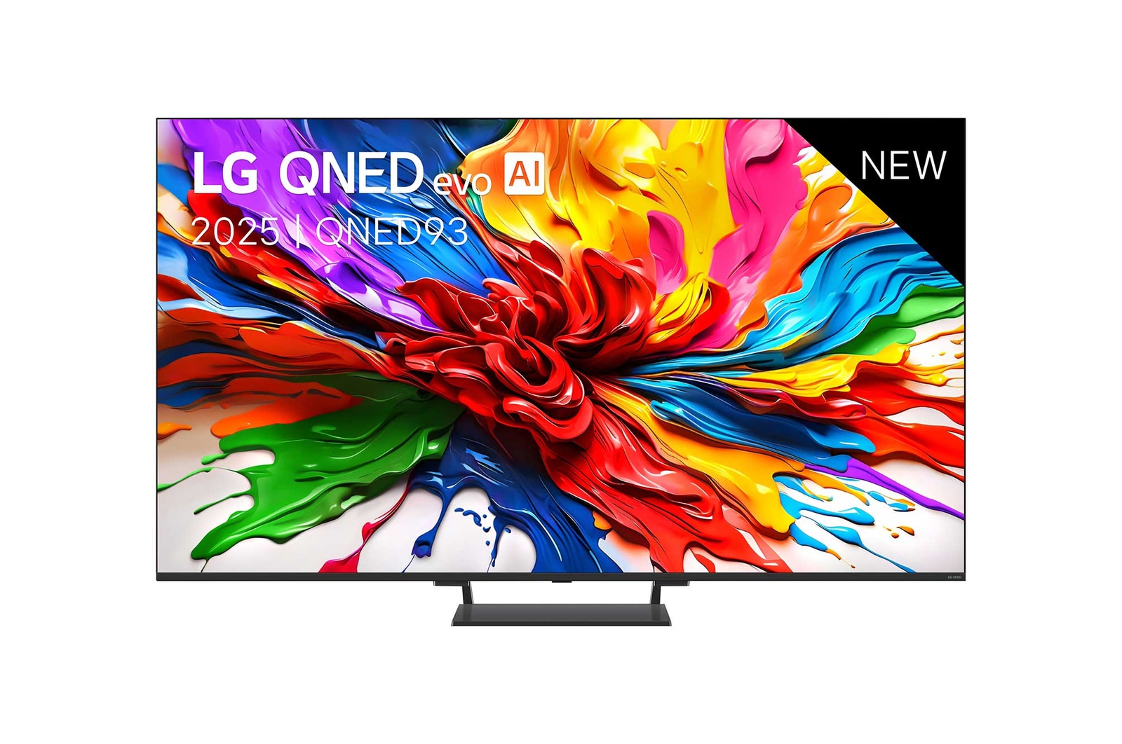 Vooraanzicht van LG QNED evo QNED92 TV, LG QNED evo Al Logo in de bovenhoek. LG QNED evo TV brengt kleurrijke, schilderachtige texturen bij elkaar.