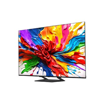 Vooraanzicht en zijaanzicht van LG QNED evo AI QNED92 4K Smart TV die de lengte-, breedte-, hoogte- en diepteafmetingen weergeven.