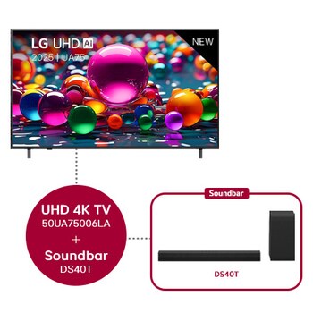 Vooraanzicht van UHD UA75 TV, LG UHD Al-logo in de bovenhoek. LG UHD TV brengt kleurrijke, schilderachtige texturen bij elkaar.