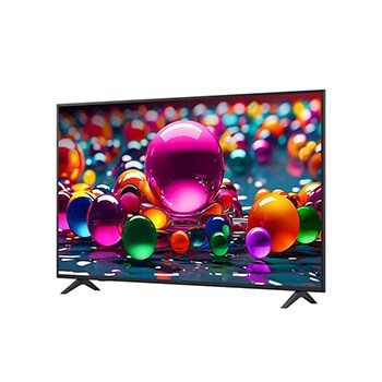 Front view and side view of LG UHD AI  UA75 4K Smart TV showing its length, width, height, and depth dimensions.